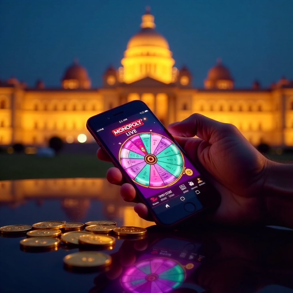 A hand holding a high-end smartphone displaying the official Monopoly Live wheel with its vibrant pink and teal interface, background is the Jatiya Sangsad Bhaban (National Parliament House) in Dhaka at night with warm golden lighting, 3D golden coins wit